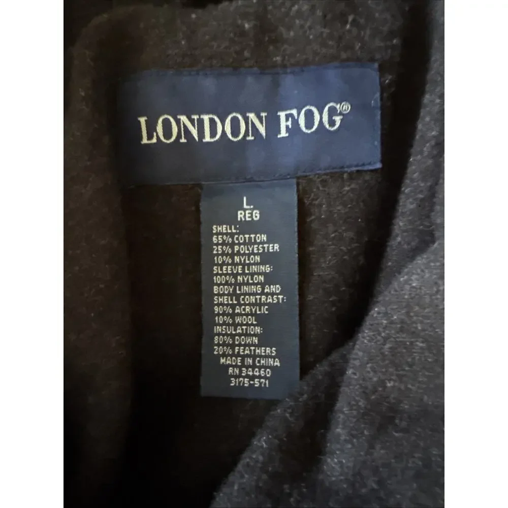 London Fog Puffer Down Coat Men’s Tan khaki‎ Size L Button Front Classic Preppy